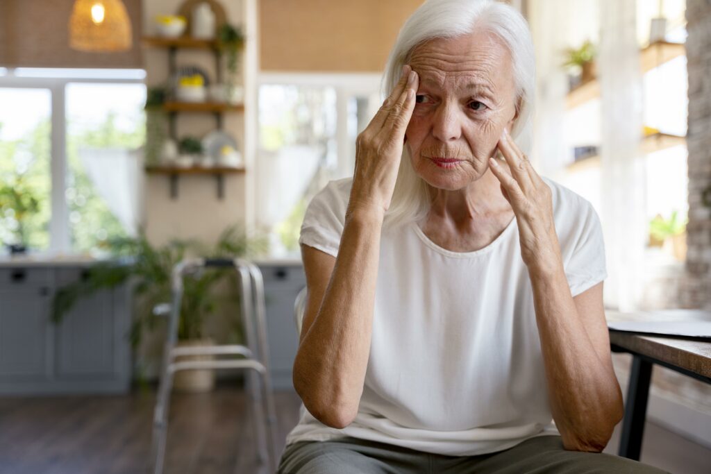 Old woman feeling lost without any remote patient monitoring system.
